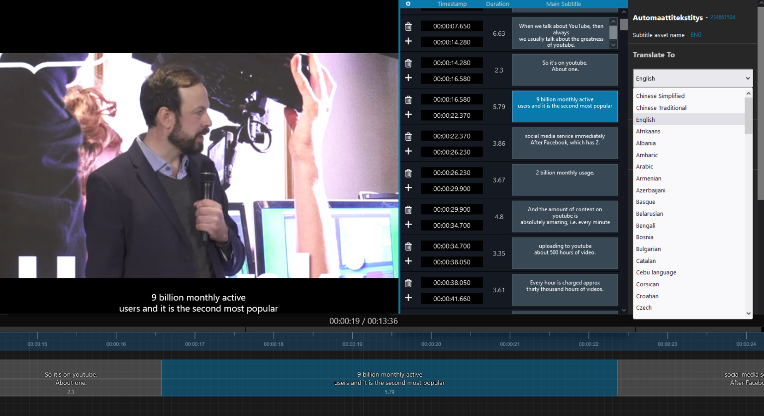 Icareus Videopilven tekstityseditori videoiden tekstitysten luomiseen ja muokkaamiseen