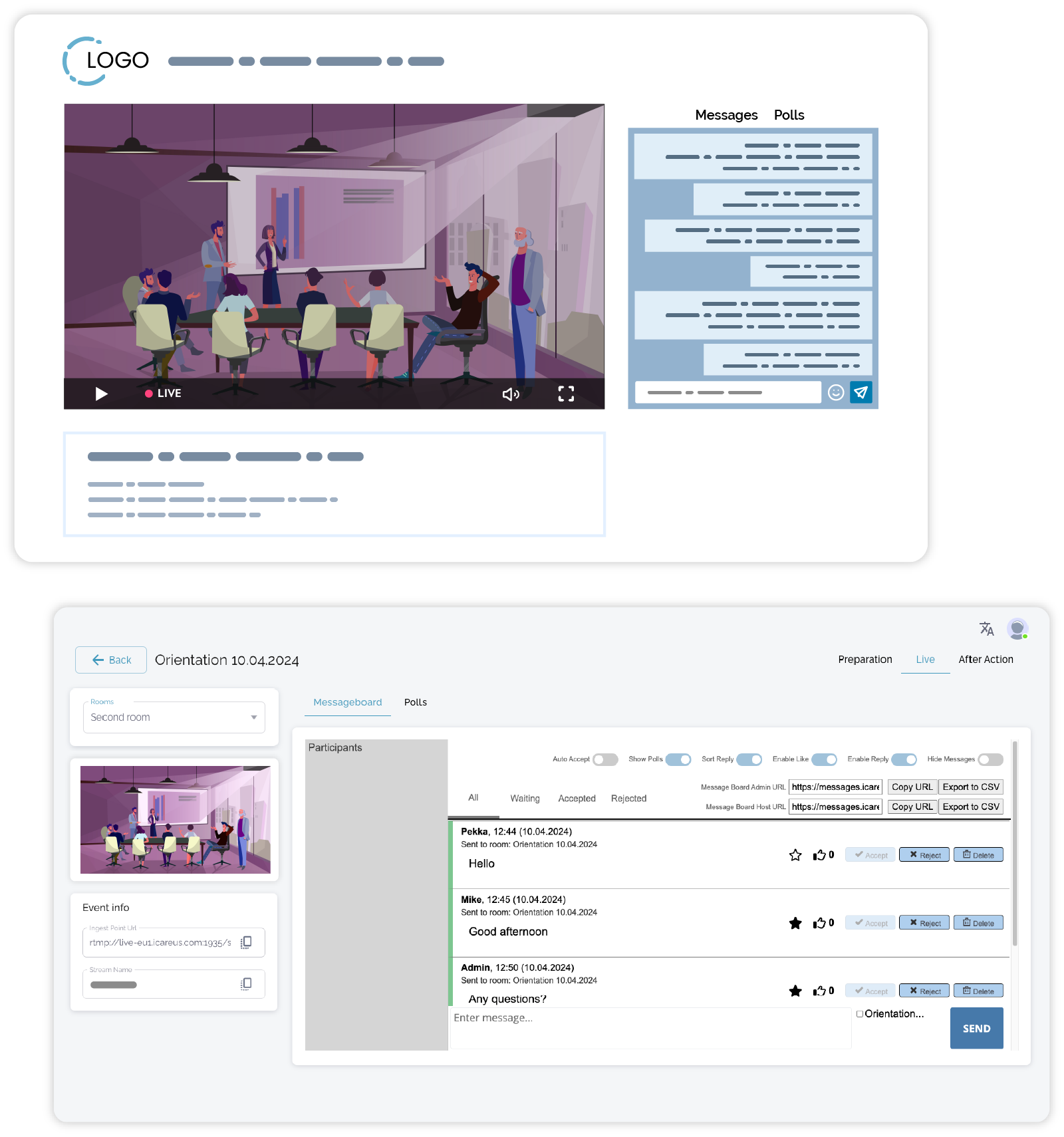 Event page showing the public live stream and chat alongside the admin view for monitoring, moderating, and managing participant messages and polls