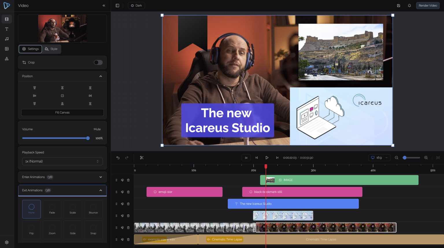 Icareus Studio -videoeditori moniraitaisella aikajanalla sekä video-, kuva- ja tekstielementeillä