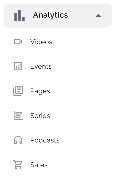 Analytics menu with sections for videos, events, pages, series, podcasts, and sales