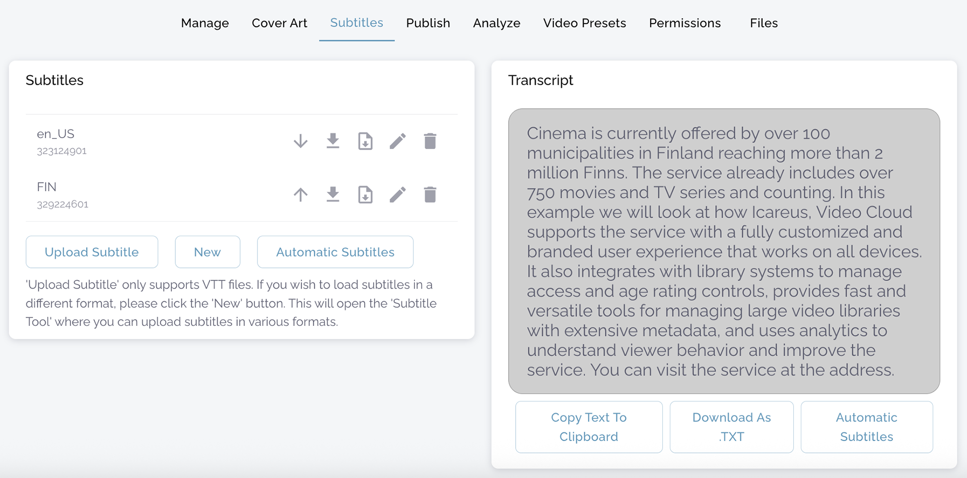 Icareus Video Cloud subtitle management with multiple languages, automatic subtitles and transcription