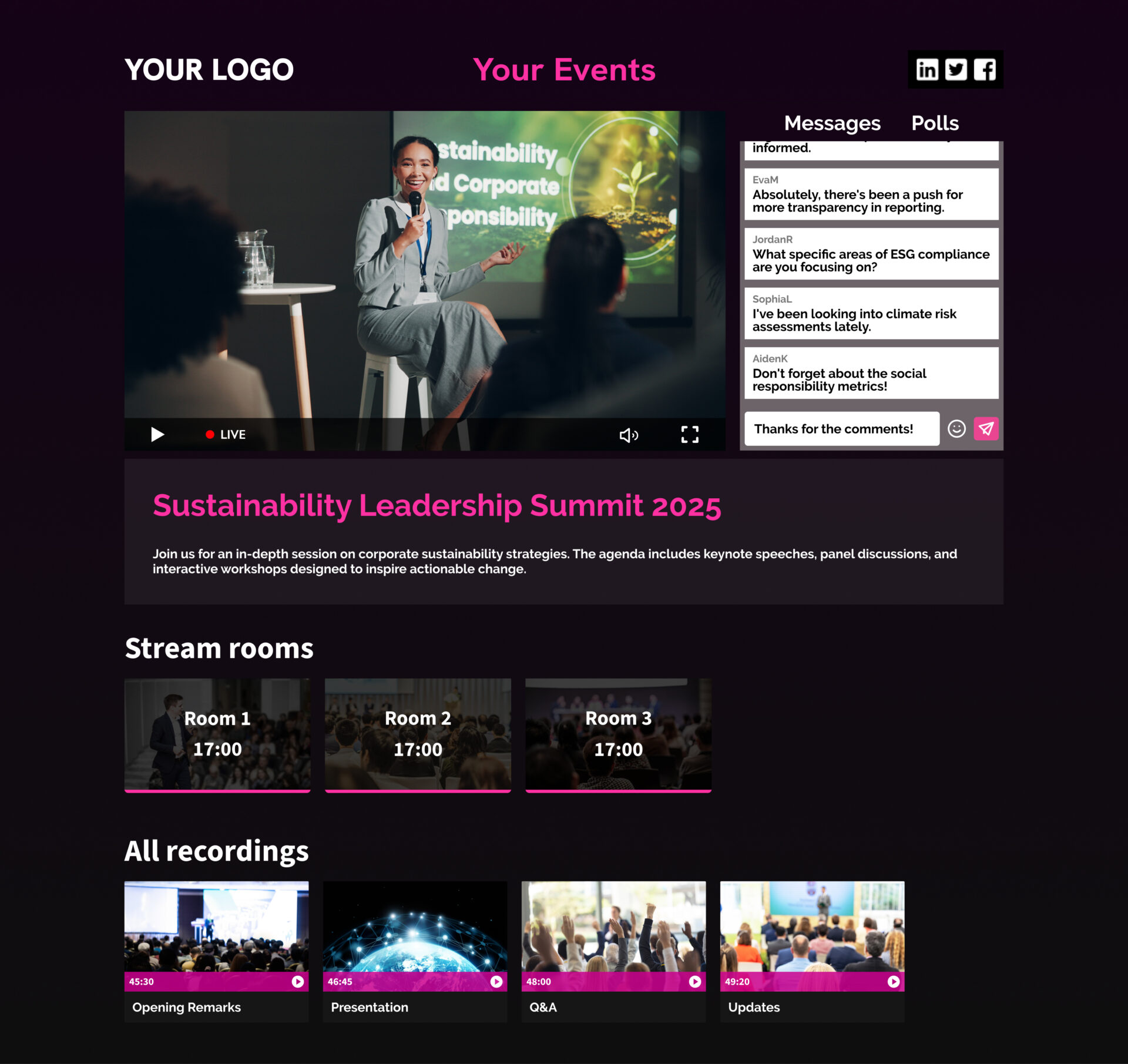 Branded Icareus Video Cloud live event with video stream, chat, polls and recordings