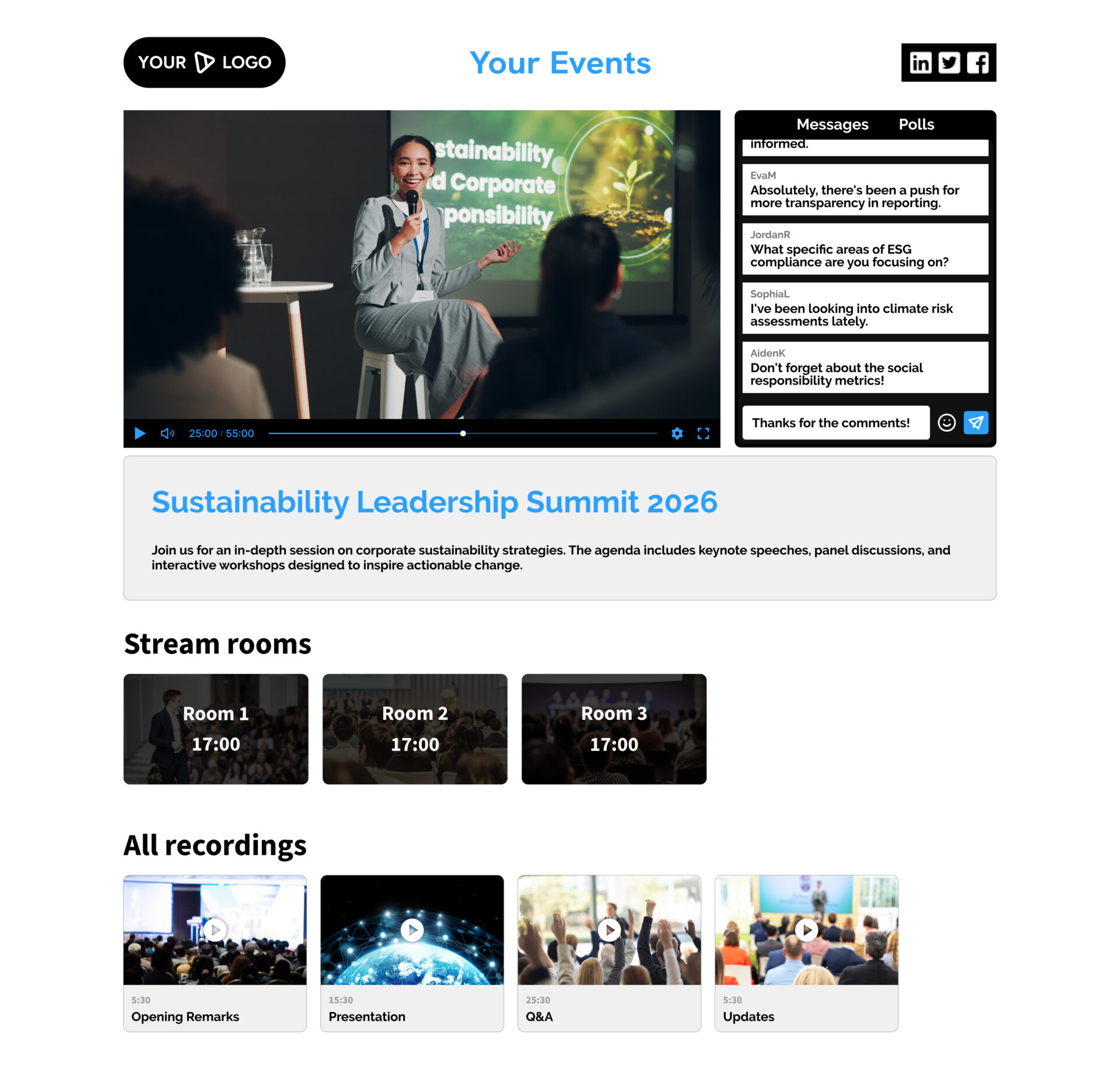 Branded Icareus Video Cloud live event with video stream, chat, polls and recordings