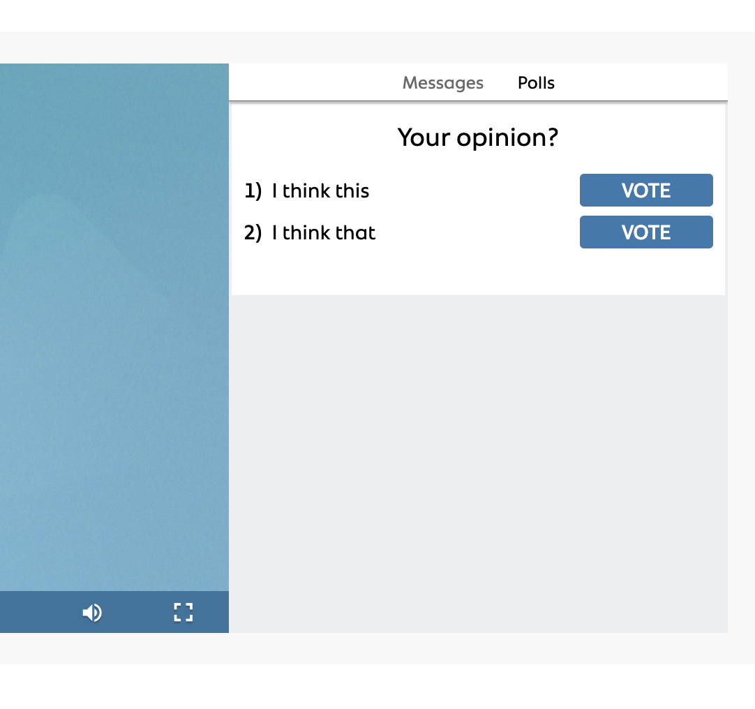 Event player with an interactive poll panel, allowing viewers to choose between response options and vote during the event