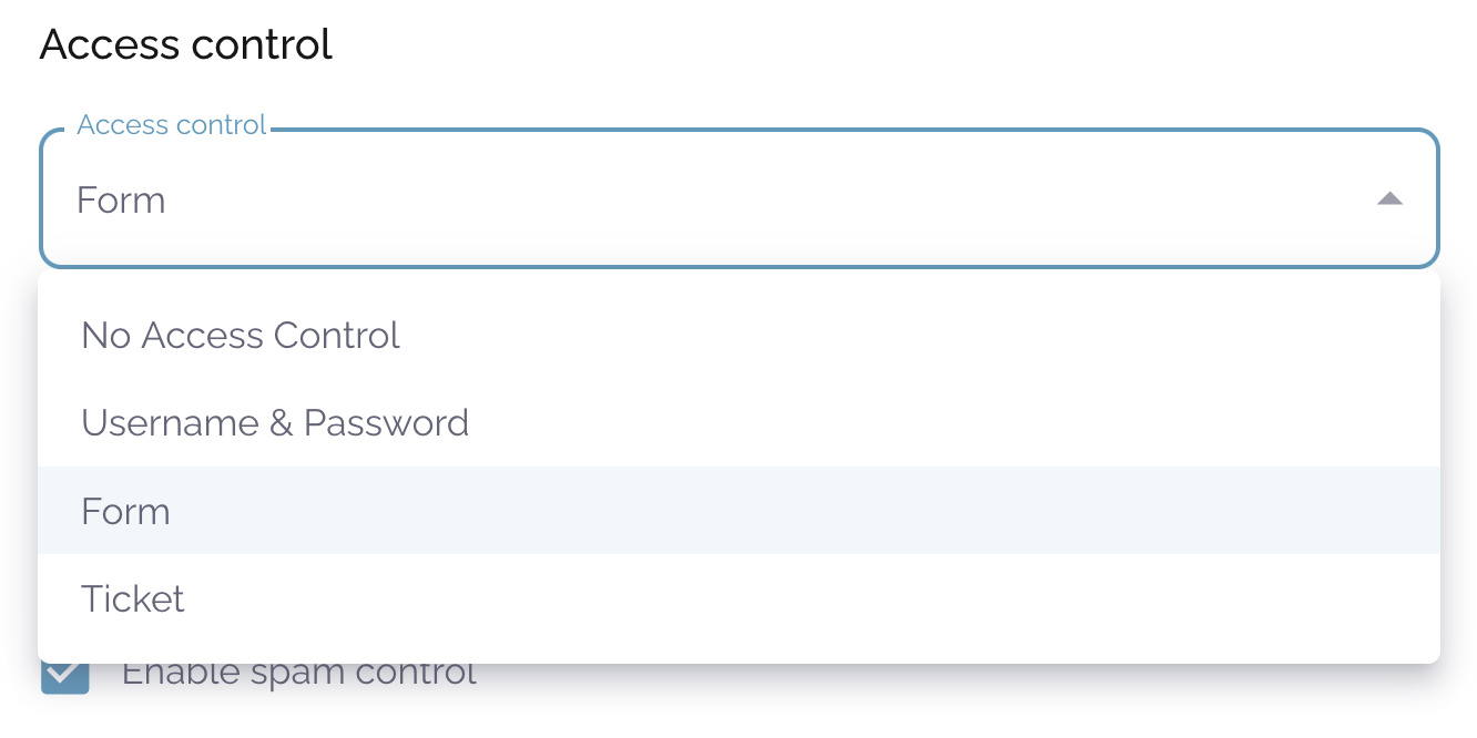 Event access control options: No access control, Username & password, form, ticket.