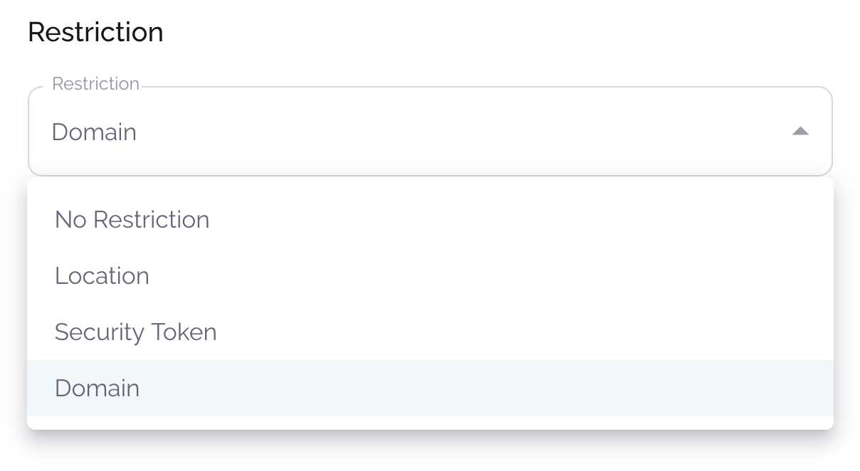 Restriction options to limit video or event access by location, security token, or domain, or leave access unrestricted