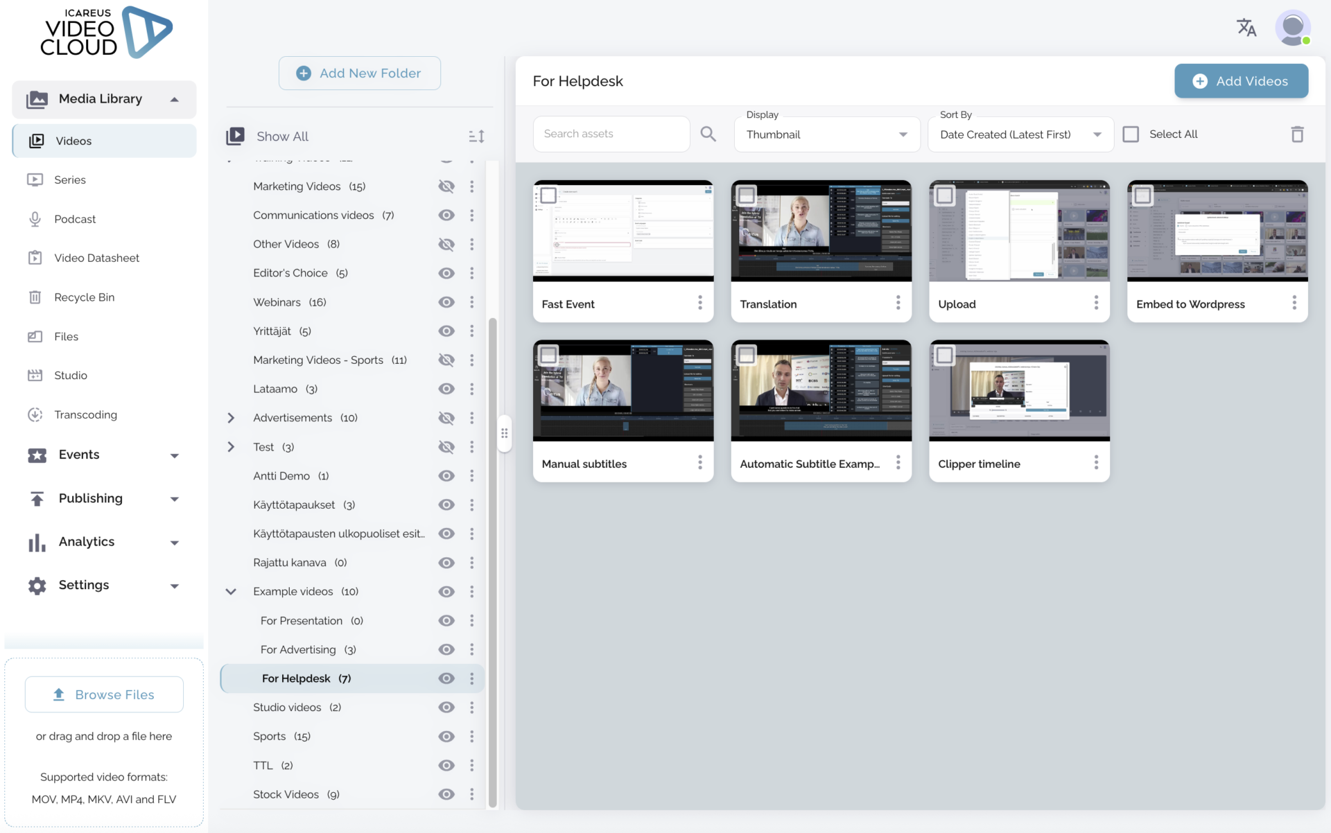 Icareus Video Cloud video platform media library with folders, video thumbnails and search tools