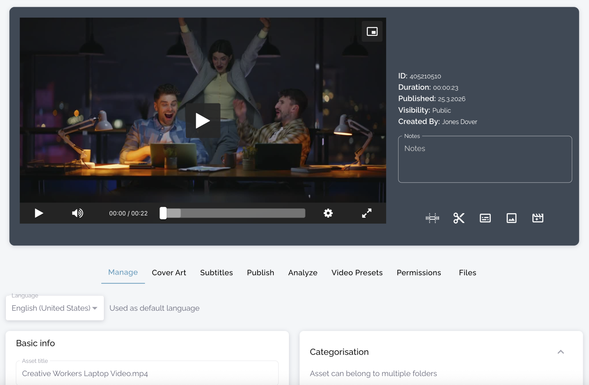 Icareus Video Cloud video settings for metadata, visibility and access management