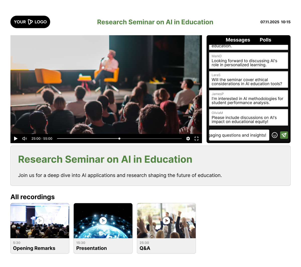 Icareus Video Cloud live academic event with video stream, chat, polls and recordings