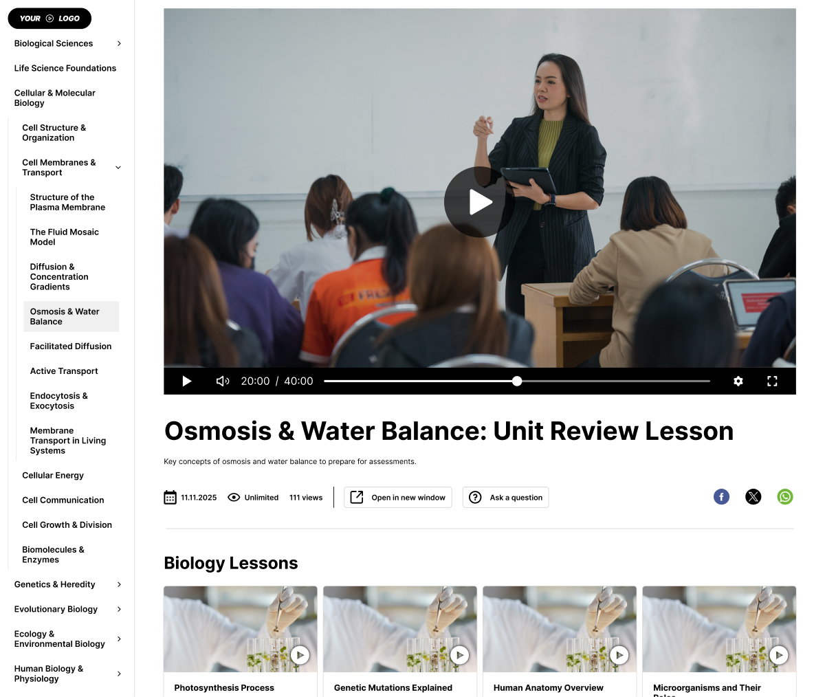 Online lesson video page with course navigation, video player and related learning content