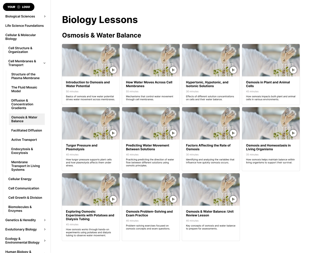 Branded educational video page with organised lesson videos and course navigation